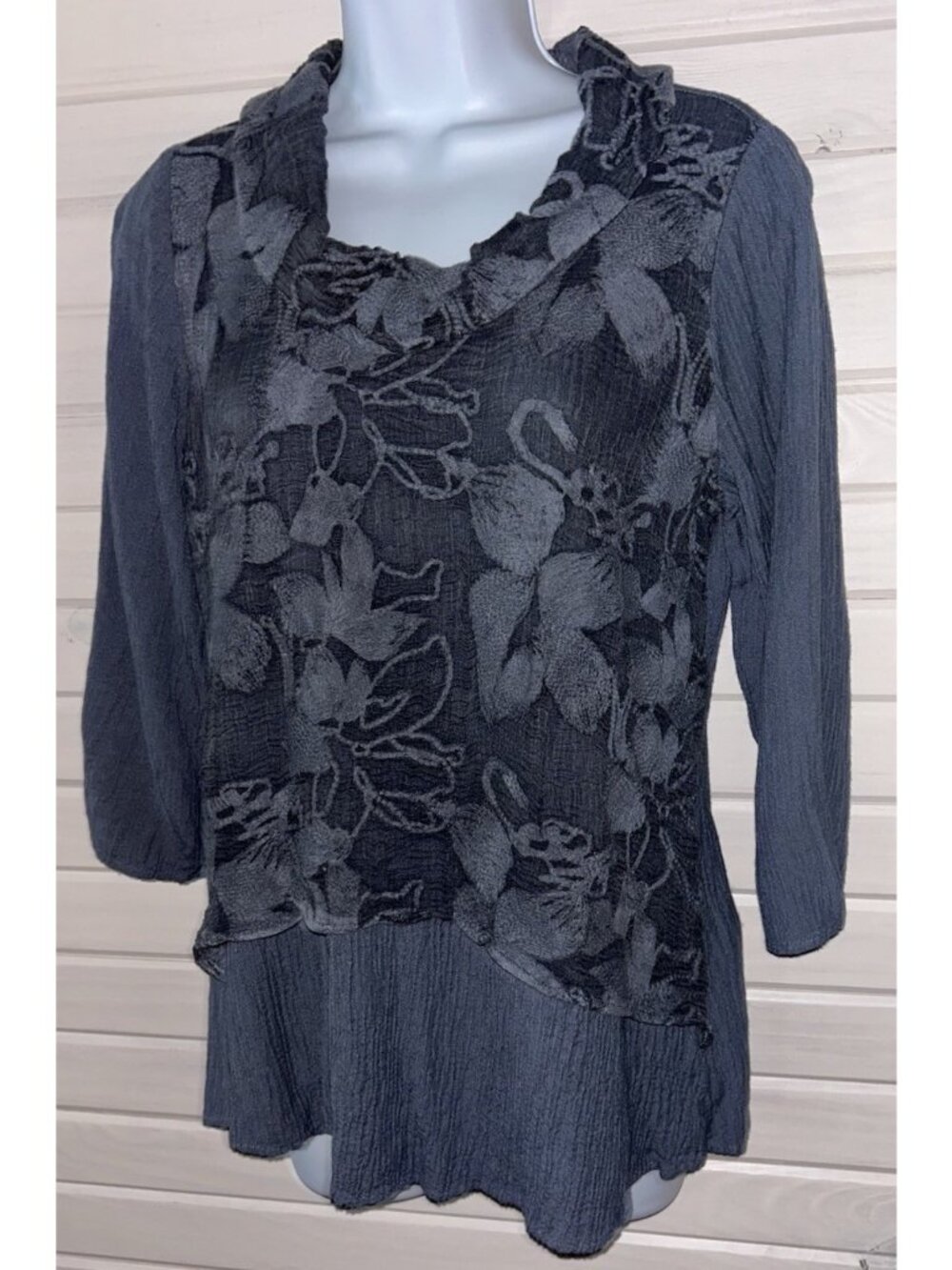 Soft Surroundings Sz SMALL Blue Ava Textured Crinkle Tunic Silk Cowl Neck EUC